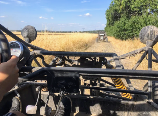 Blick aus einem Buggy auf einen staubigen Feldweg mit hohem Gras.